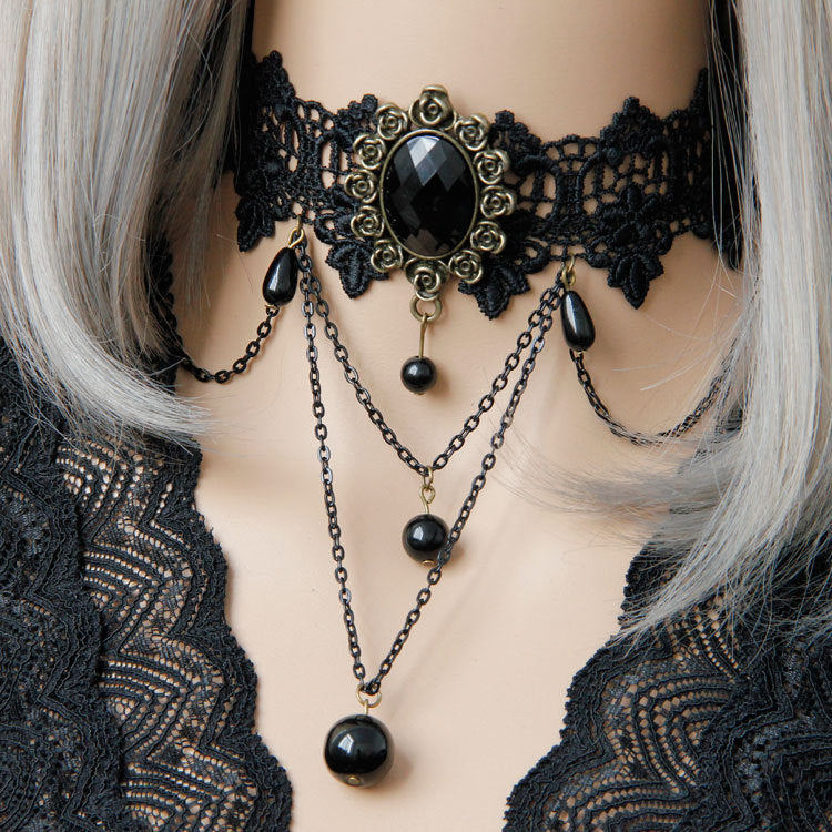 Collar de gargantilla de encaje gótico Dark Queen con colgante negro