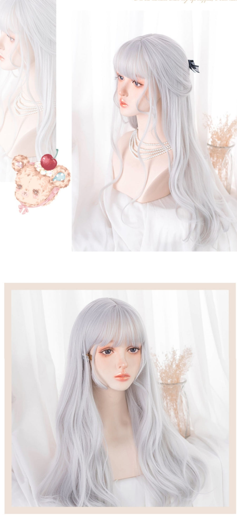 Peluca de pelo largo ondulado natural blanco plateado