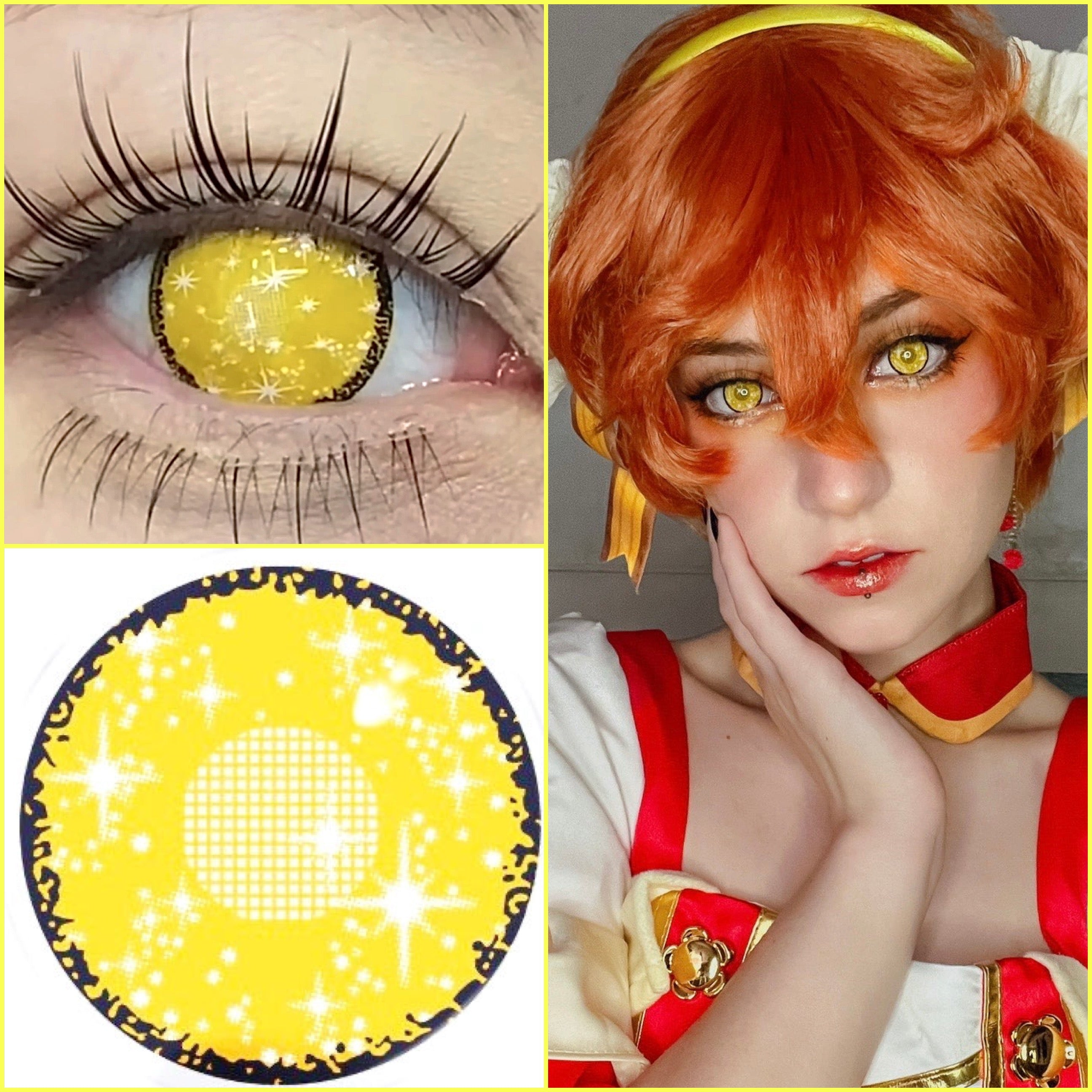 Yellow Mesh contacts with sparkle stars cosplay contacts