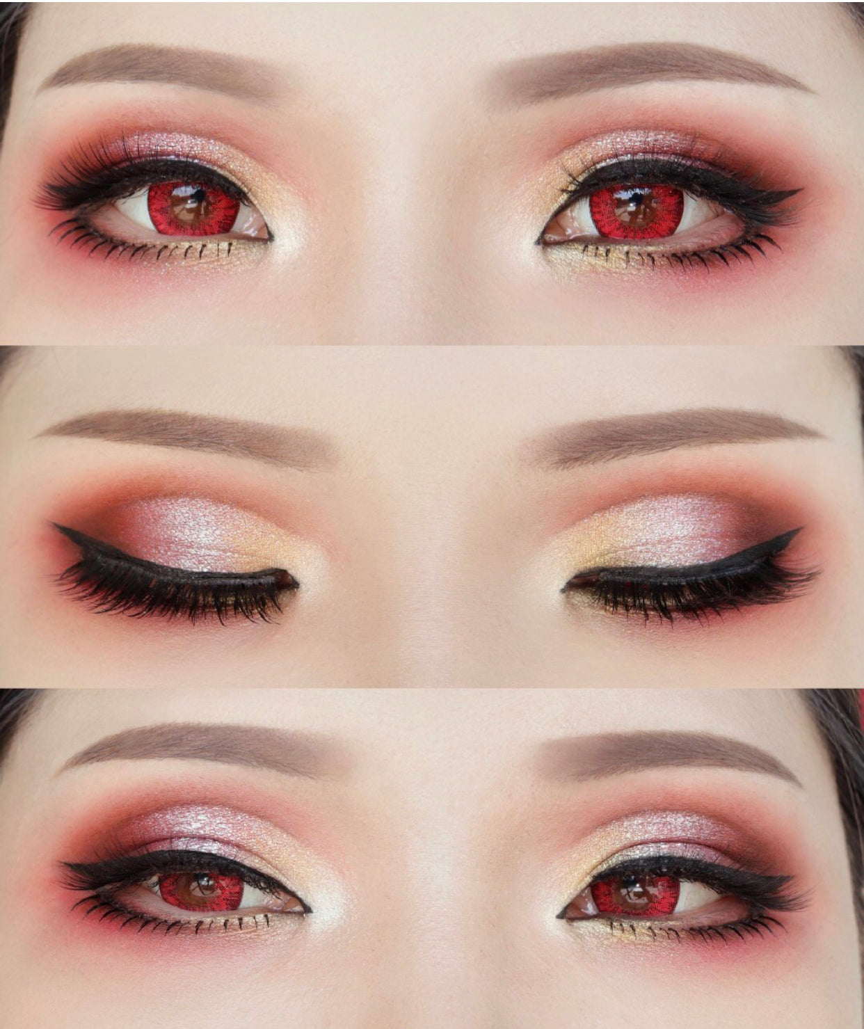 Bright red cosplay contacts close up