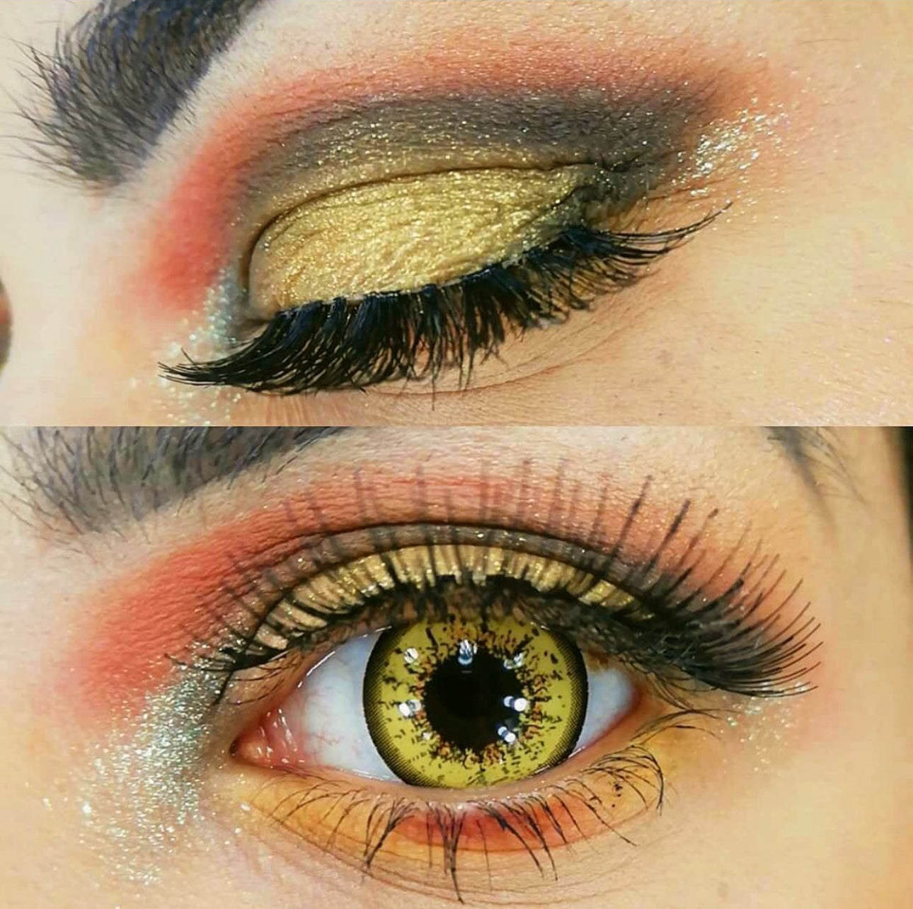 Cosplay Vivid Yellow golden yellow cosplay contacts close up on brown eyes