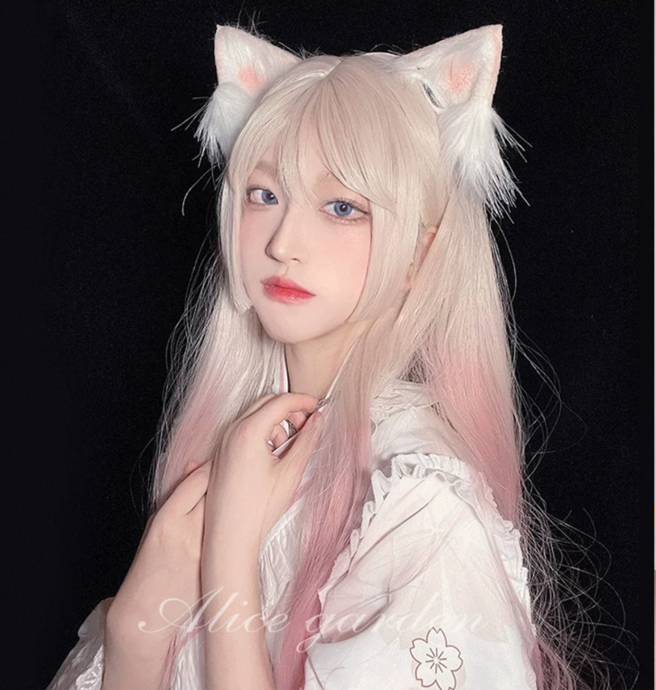 Peluca larga, dulce, rosa bebé, rubia, ombre, con flequillo, pelo liso