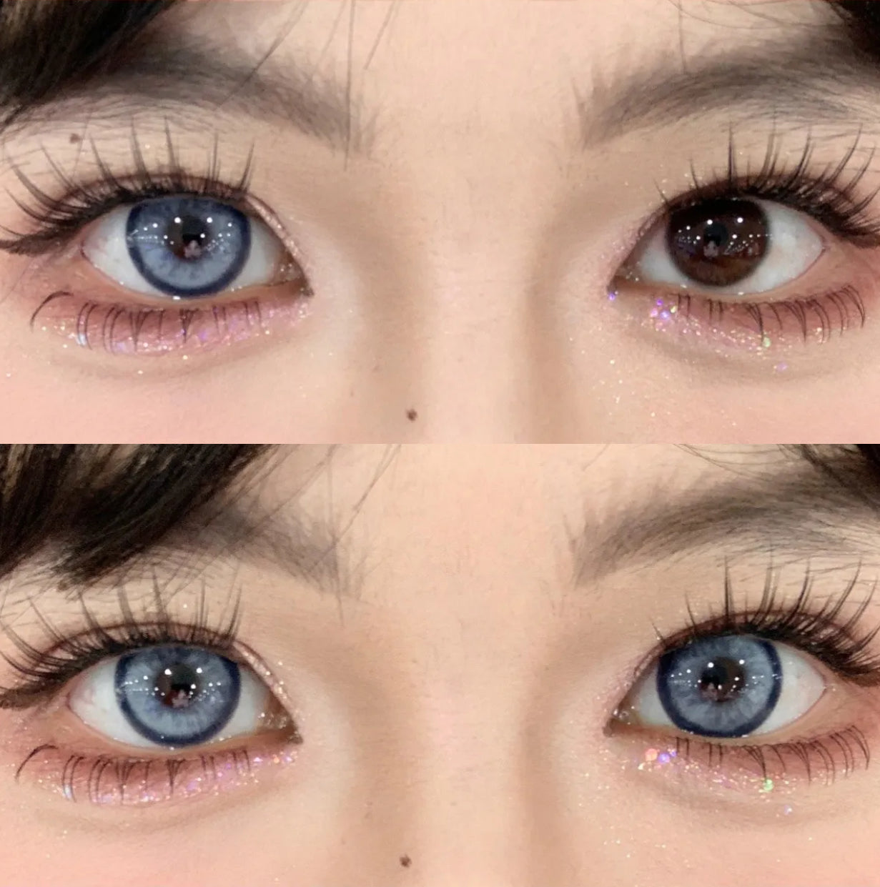 Glitz Blue Natural blue contacts on dark brown eyes