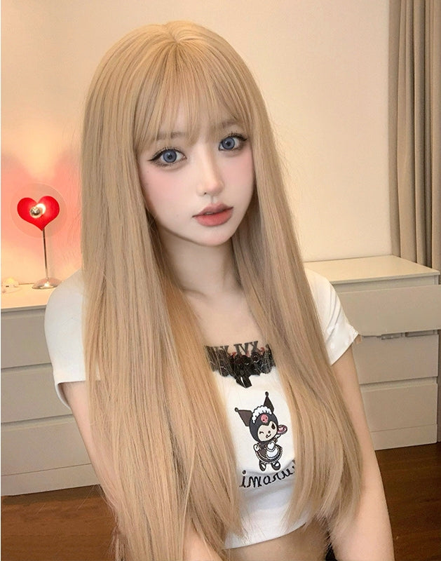 Cabello liso voluminoso dorado miel de 64 cm con lindo flequillo - Peluca natural