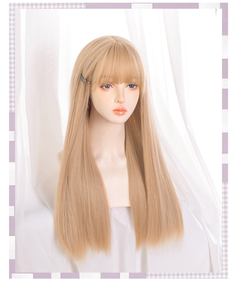 64cm Honey Gold Voluminous Straight Hair with Cute Bangs - Natural Wig