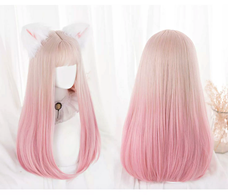 Long Sweet Baby Pink Blonde Ombre with Bangs Straight Hair Wig