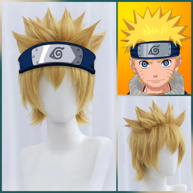 Naruto Boruto Uzumaki Wig and Headband Leaf Village Logo Cosplay Hair Wig