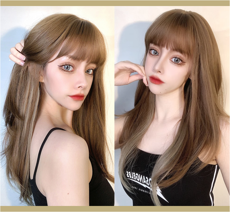 Straight Honey Ash Brown Ombre with Cute Bangs Natural Hair Wig
