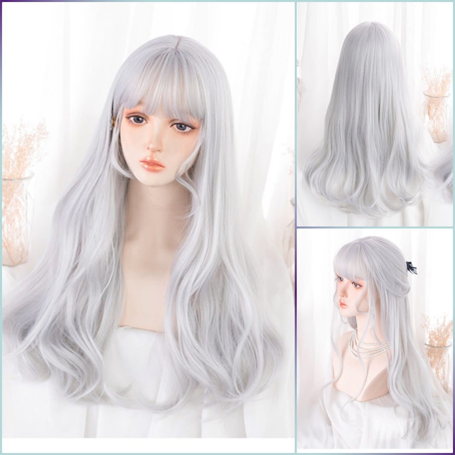 Peluca de pelo largo ondulado natural blanco plateado