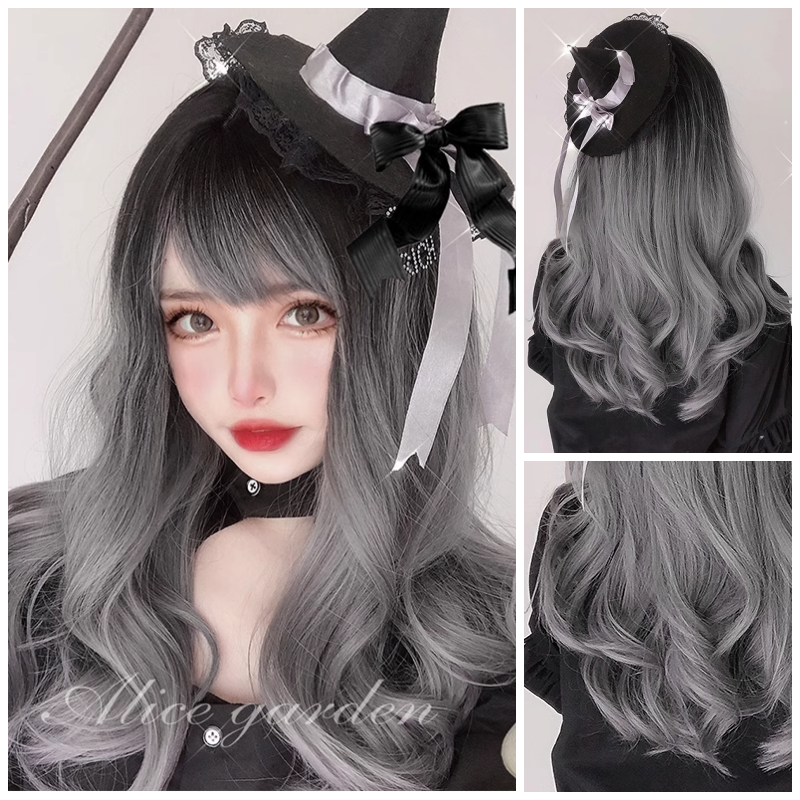Peluca de pelo largo lolita ondulada ombré negra a gris