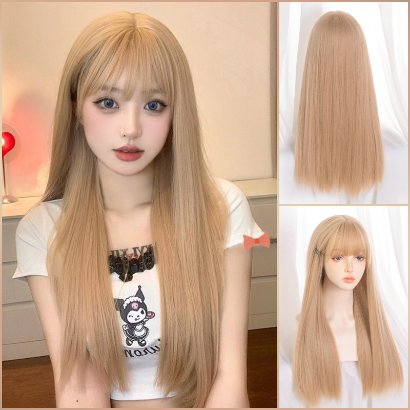 64cm Honey Gold Voluminous Straight Hair with Cute Bangs - Natural Wig