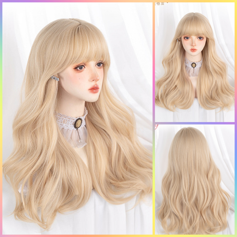 Champán 63 cm Cabello ondulado dorado miel con lindo flequillo - Peluca natural