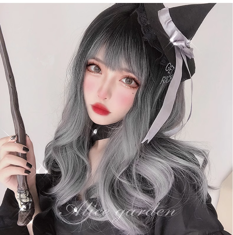 Peluca de pelo largo lolita ondulada ombré negra a gris