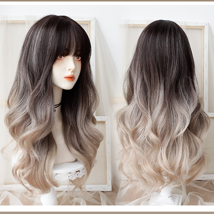 Peluca natural ondulada larga rubia clara marrón oscuro ombré platino sexy de 60 cm