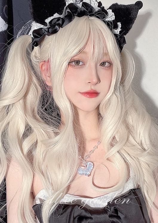 Peluca de pelo natural ondulado largo rubio suave de 65 cm con flequillo