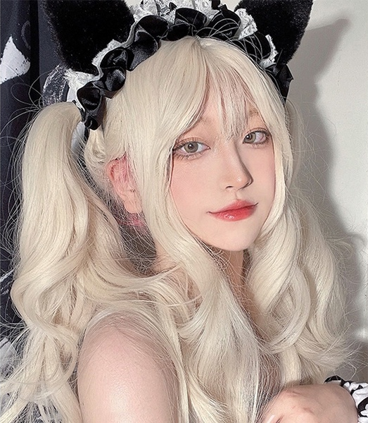 Peluca de pelo natural ondulado largo rubio suave de 65 cm con flequillo