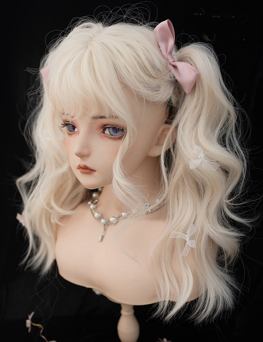 Peluca de pelo natural ondulado largo rubio suave de 65 cm con flequillo