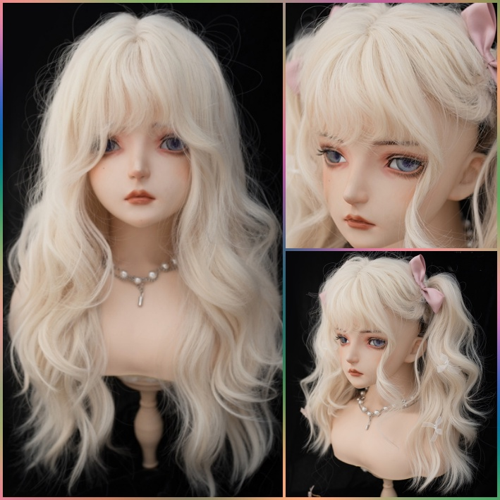 Peluca de pelo natural ondulado largo rubio suave de 65 cm con flequillo