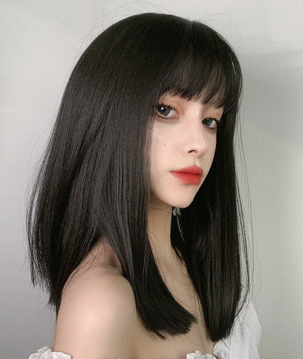 Anastasia (65cm Basic Black Medium Length Straight With Bangs) - Natural Wig