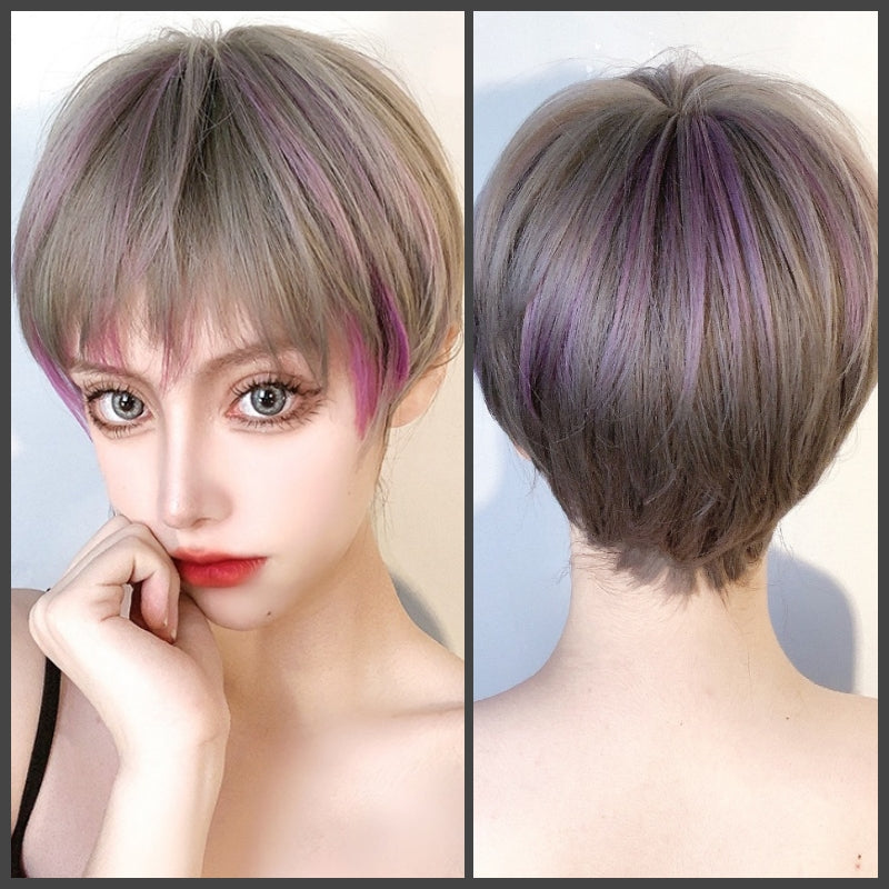 Mia (25 cm gris brumoso con pelo corto con reflejos morados) - Peluca natural