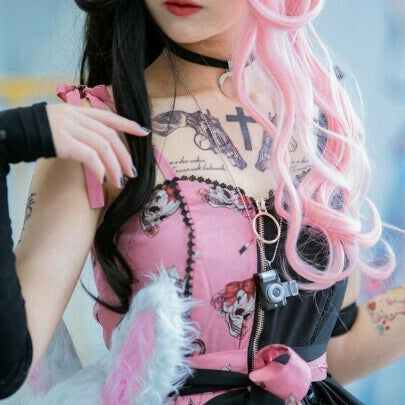 Duo Color Black Pink Long Wavy Wig - Lolita Wig