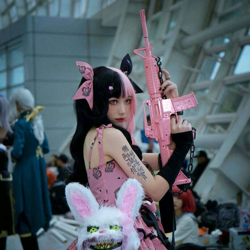 Duo Color Black Pink Long Wavy Wig - Lolita Wig