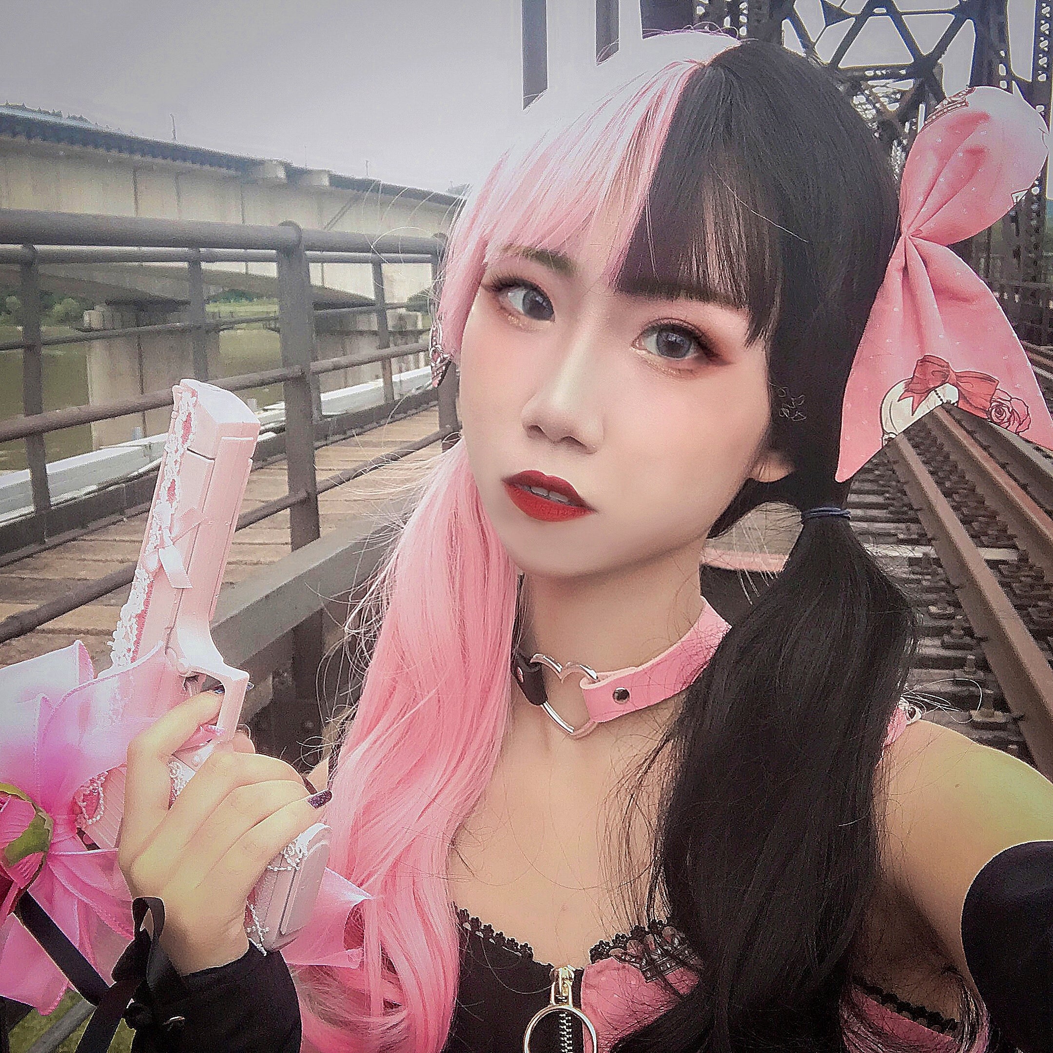 Duo Color Black Pink Long Wavy Wig - Lolita Wig