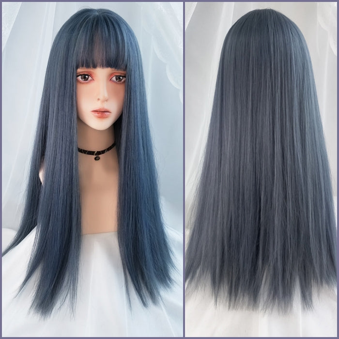 Cuervo (60cm Pelo Liso Largo Azul Grisáceo con Flequillo) - Peluca Natural