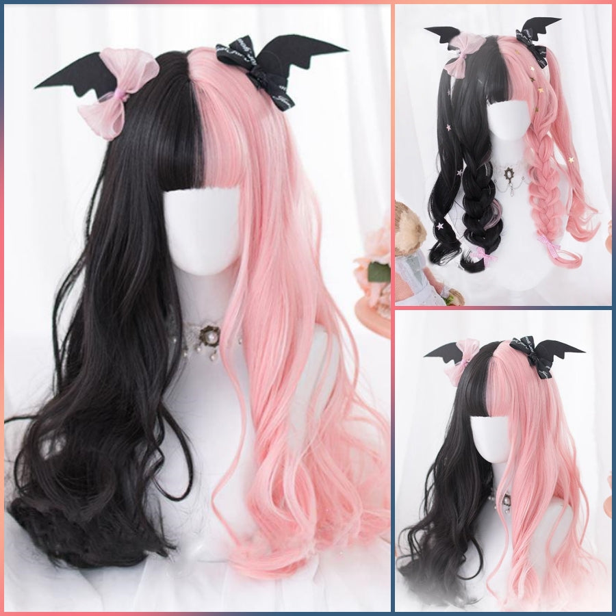 Duo Color Black Pink Long Wavy Wig - Lolita Wig