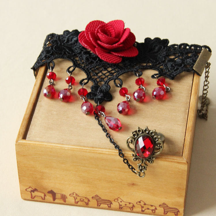 Red Vintage style Lace flower Hand Harness / bracelet