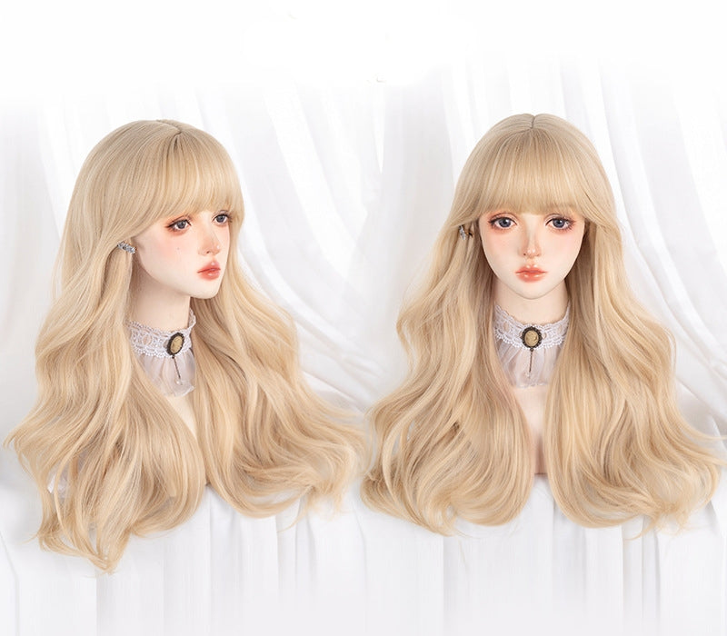 Champagne 63cm Honey Gold Wavy Hair with Cute Bangs - Natural Wig
