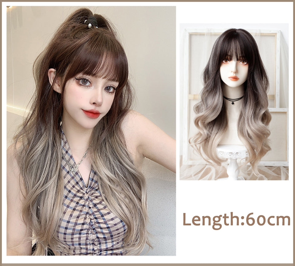 60cm Sexy Platinum Ombre Dark Brown Light Blonde Long Wavy Natural Wig