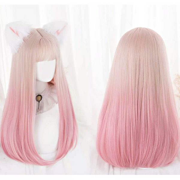 Long Sweet Baby Pink Blonde Ombre with Bangs Straight Hair Wig display picture 3