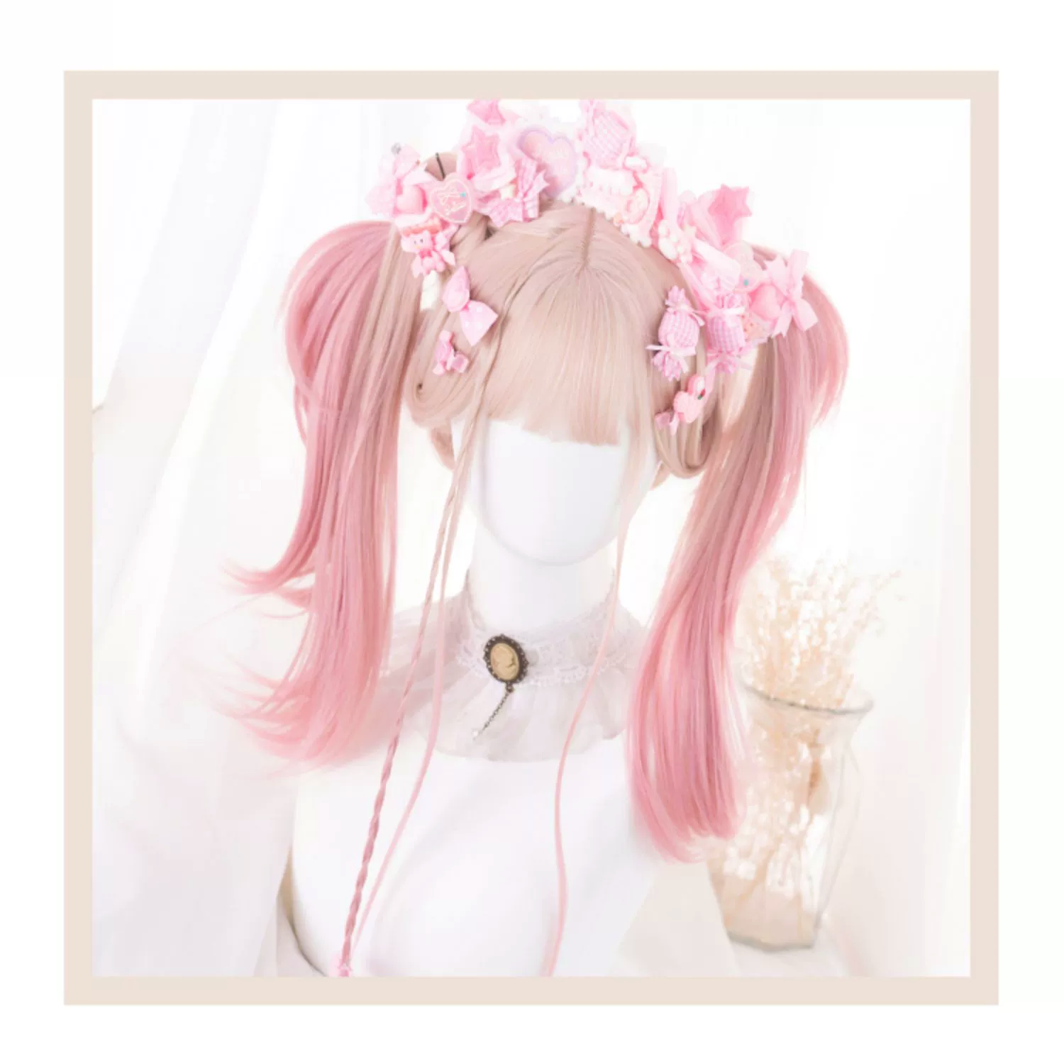 Long Sweet Baby Pink Blonde Ombre with Bangs Straight Hair Wig