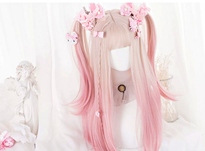 Long Sweet Baby Pink Blonde Ombre with Bangs Straight Hair Wig