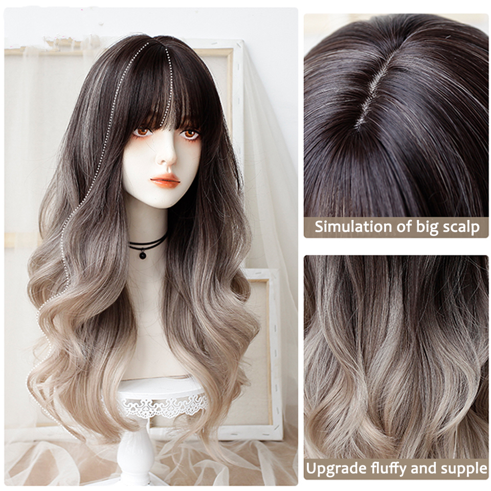 60cm Sexy Platinum Ombre Dark Brown Light Blonde Long Wavy Natural Wig