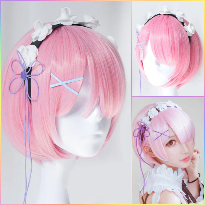 Re:Zero- Ram (Pink) - Cosplay Wig (Includes Hair Accessories)