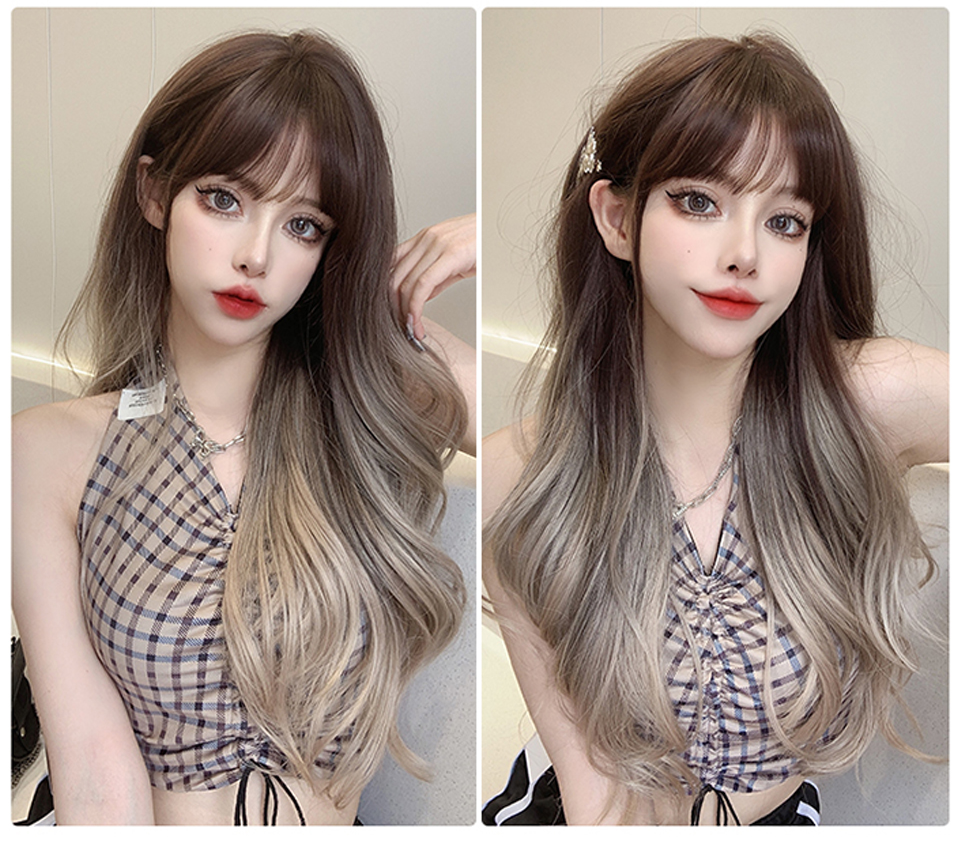 60cm Sexy Platinum Ombre Dark Brown Light Blonde Long Wavy Natural Wig