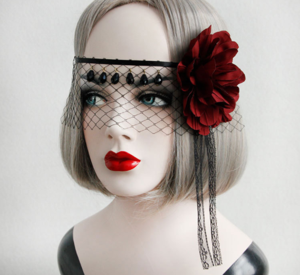 Black Lace Veil With Red Rose Flower - Ohmykitty Online Store