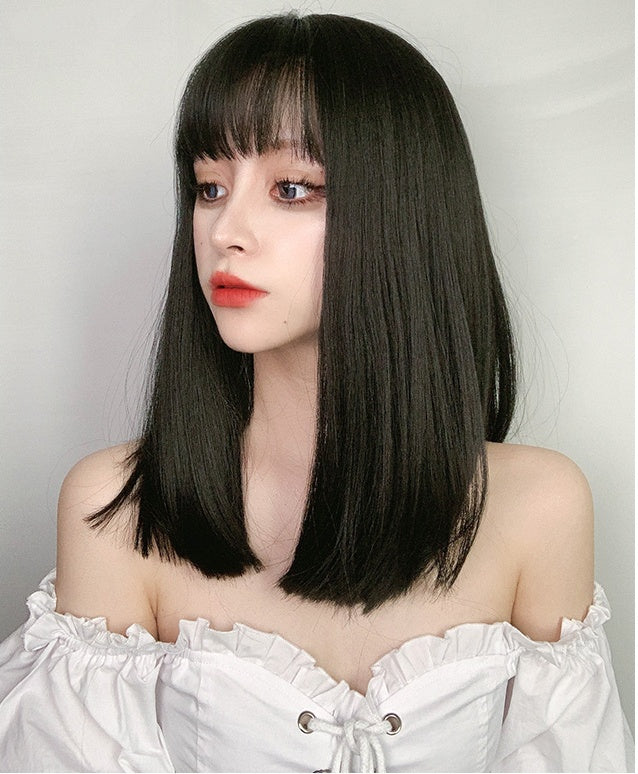 Anastasia (65cm Basic Black Medium Length Straight With Bangs) - Natural Wig