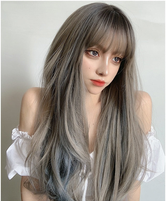 Celeste (65cm Long Wavy Ash Gray Wig with Navy Blue Highlight) - Natural Wig
