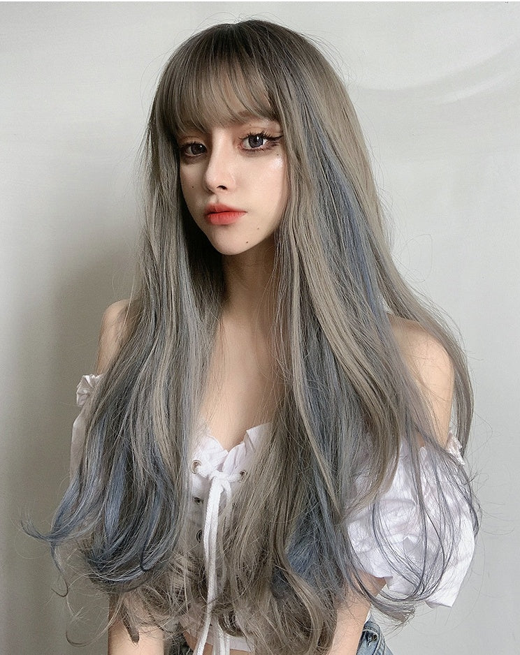 Celeste (65cm Long Wavy Ash Gray Wig with Navy Blue Highlight) - Natural Wig