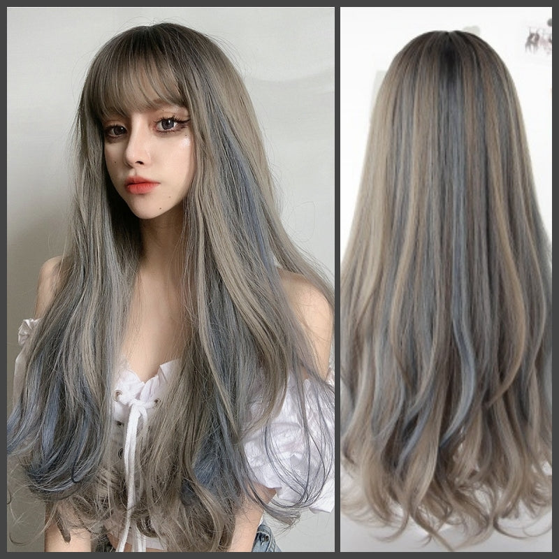 Celeste (65cm Long Wavy Ash Gray Wig with Navy Blue Highlight) - Natural Wig