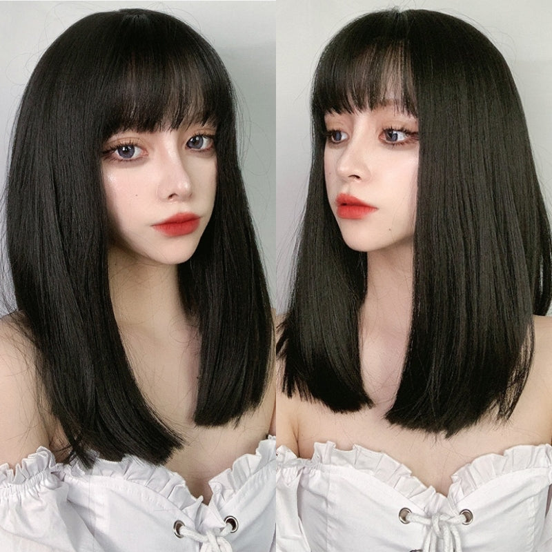 Anastasia (65cm Basic Black Medium Length Straight With Bangs) - Natural Wig