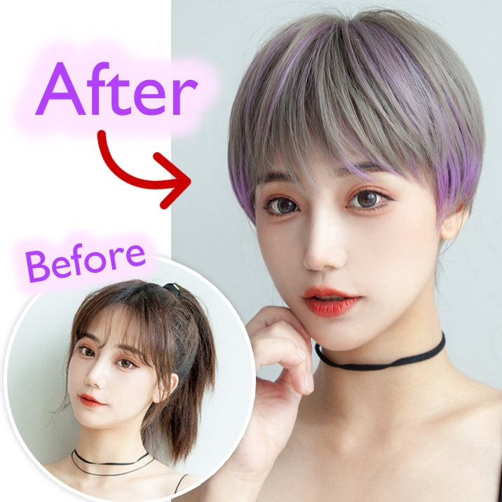 Mia (25cm Misty Gray with Purple Highlight Short Hair) - Natural Wig