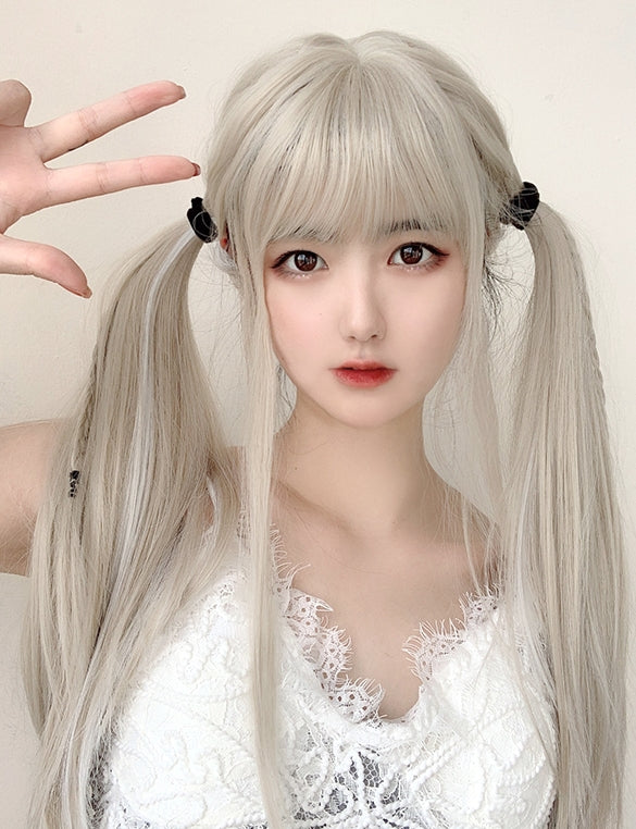 Kayla (72cm Thick Long straight Silver Blond hair with Pearl White Earloop Highlights) -Natural Wig