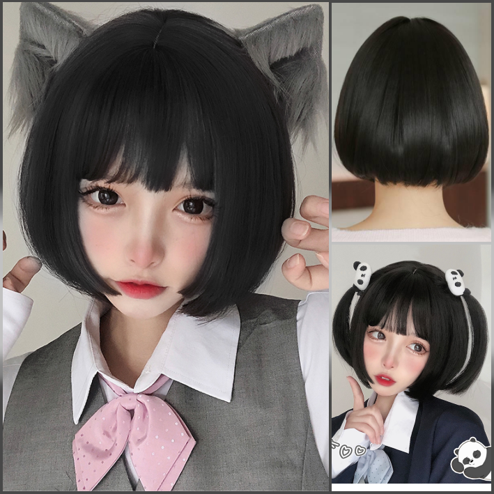 32cm Pure Black Bob Hair with Bangs - Natural Wig