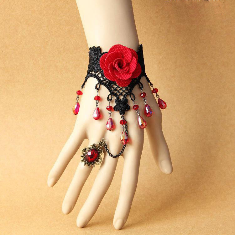 Red Vintage style Lace flower Hand Harness / bracelet - Ohmykitty Online Store